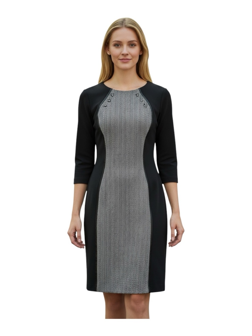 Tahari Dress Size 8 Black Gray Herringbone Black Knit Career Wear to Work Luxury